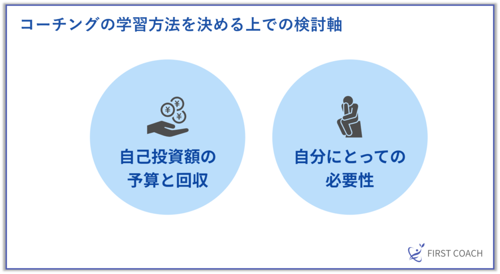 コーチングの学習方法を決める上での検討軸-1024x561 コーチングを効果的に学ぶ！おすすめの学習方法とそのメリット・デメリット